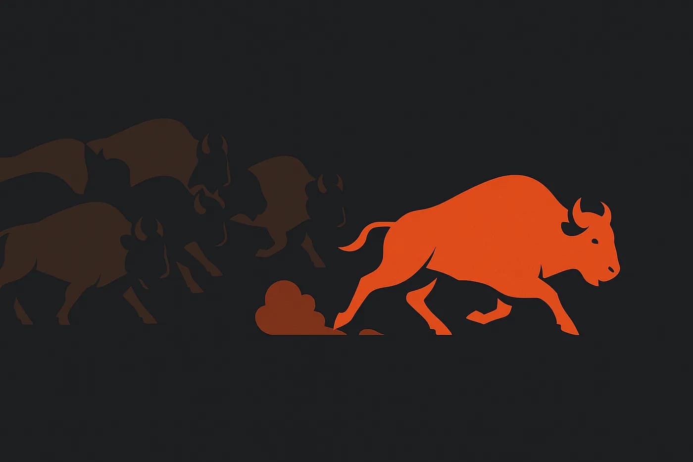 One ember-colored bison breaking ahead of the dark herd